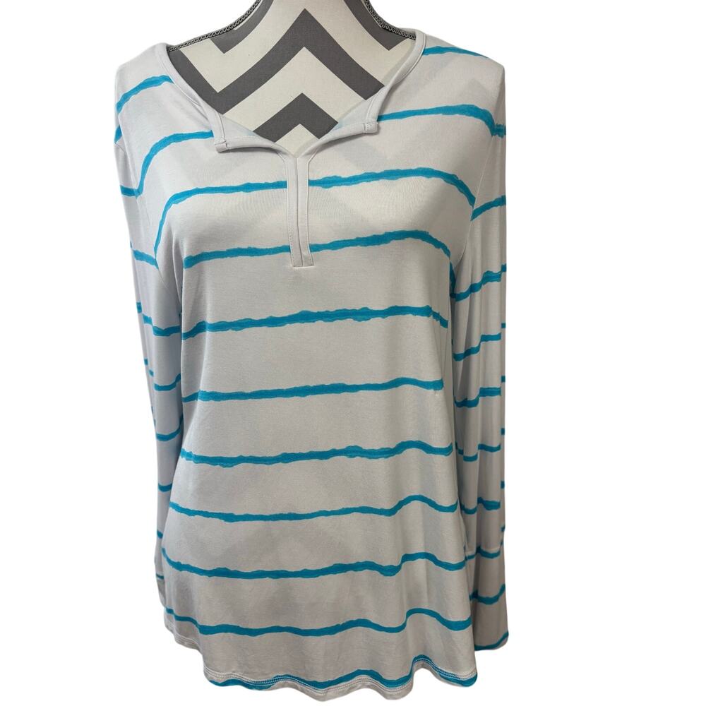 T by Talbots UPF 50+ Blue White Striped Sun Protection Top Women's Large L